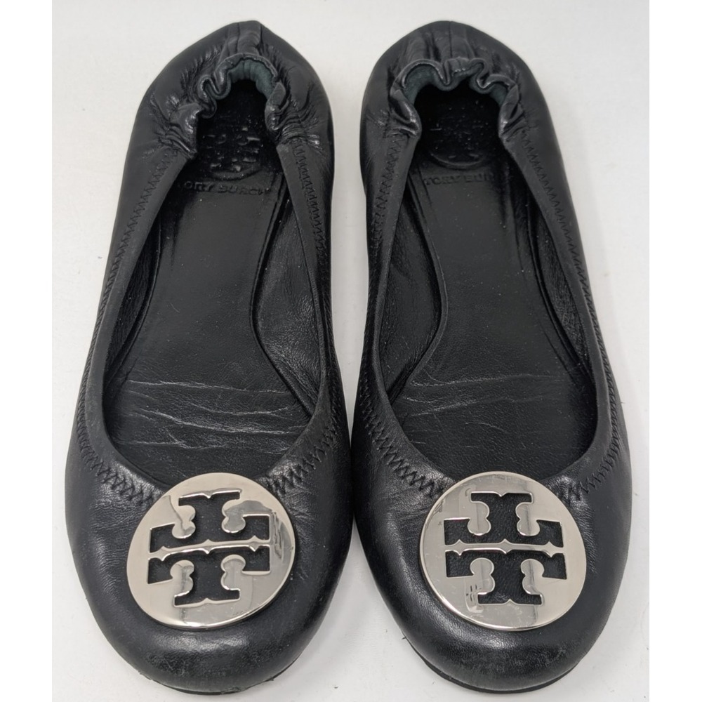 Tory Burch Reva Black Leather Ballet Flats‎  Silver Medallion Emblem Size 8 M